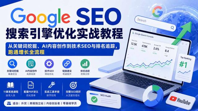 Google SEO搜索引擎优化实战教程：从关键词挖掘、AI内容创作到技术SEO与排名追踪，跑通增长全流程