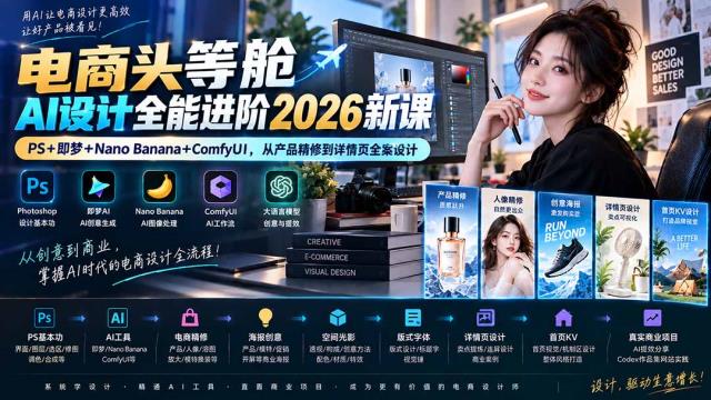 电商头等舱AI设计全能进阶2026新课：PS即梦Nano BananaComfyUI，从产品精修到详情页全案设计
