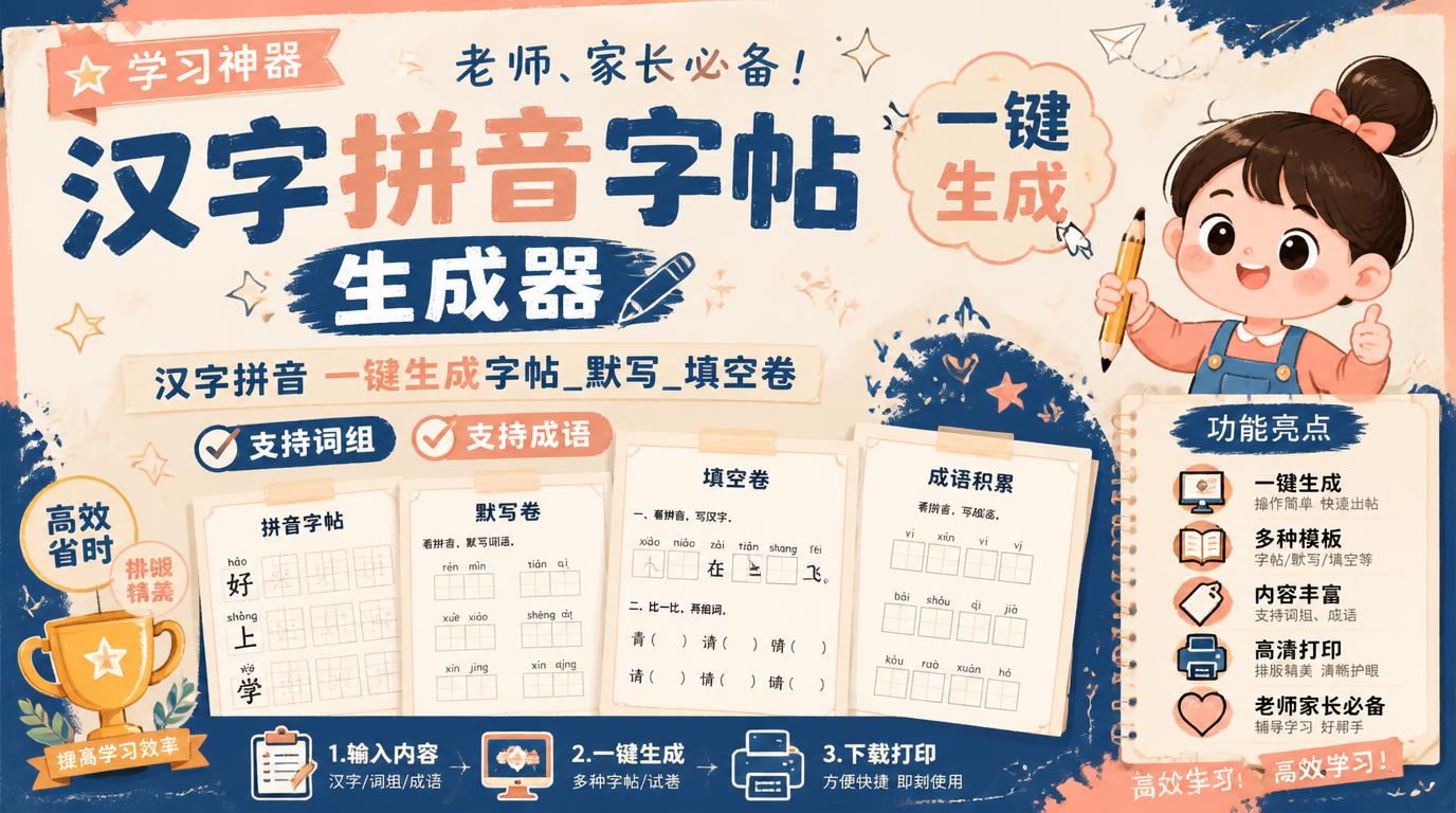 学习神器，汉字拼音字帖生成器，汉字拼音 一键生成字帖_默写_填空卷，支持词组、成语，老师、家长必备