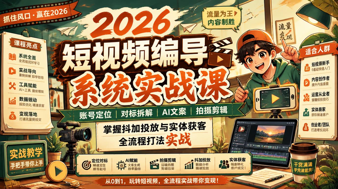 2026短视频编导系统实战课：账号定位对标拆解AI文案拍摄剪辑，掌握抖加投放与实体获客全流程打法实战