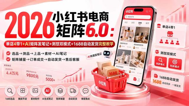2026小红书电商矩阵6_0：单店4带1AI矩阵发笔记测怼双模式1688自动发货完整教学
