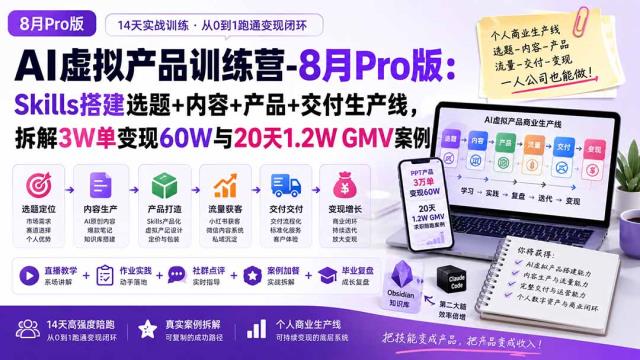 AI虚拟产品训练营PRO版-9月完结：Skills搭建选题内容产品交付生产线，拆解3W单变现60W与20天1_2W GMV案例
