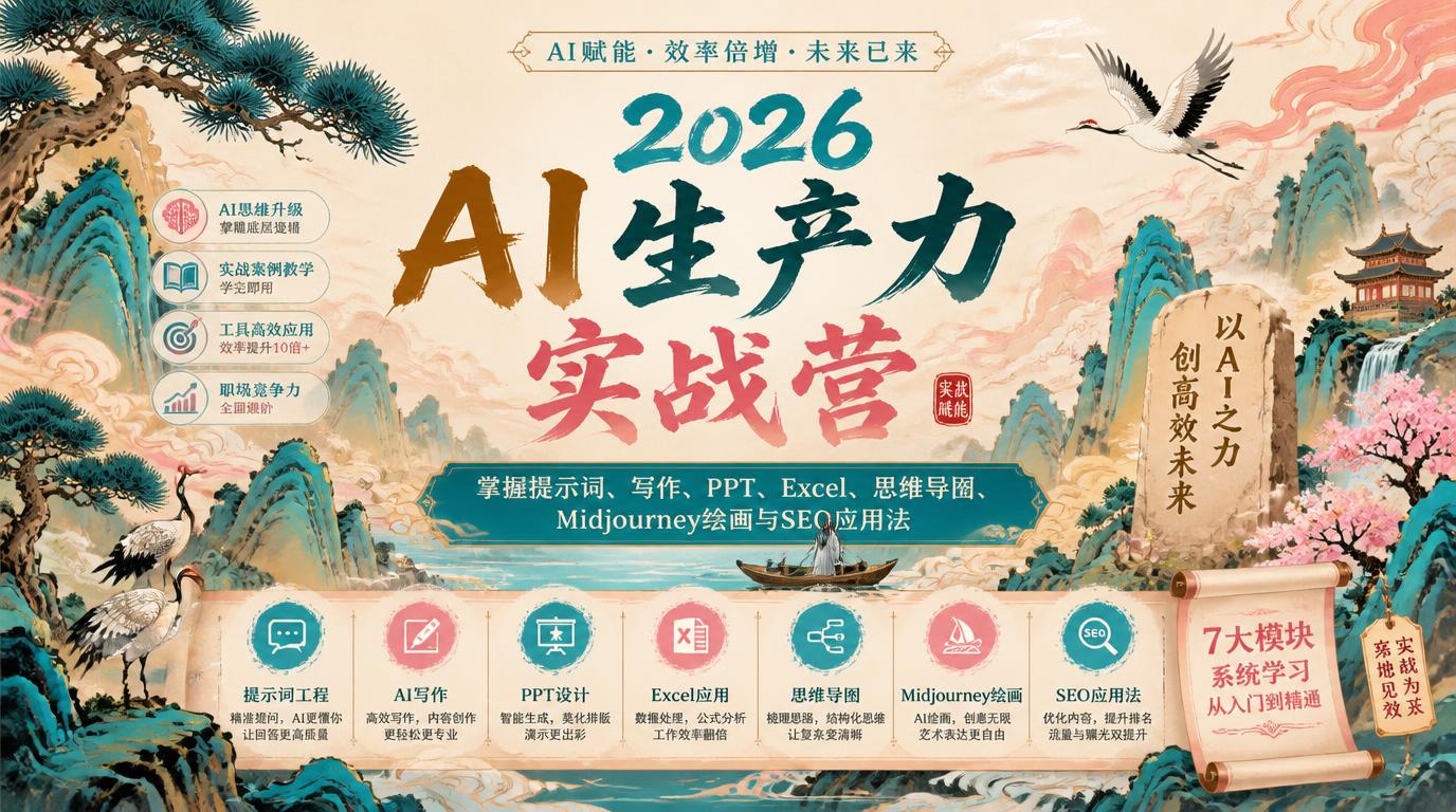2026AI生产力实战营：掌握提示词、写作、PPT、Excel、思维导图、Midjourney绘画与SEO应用法