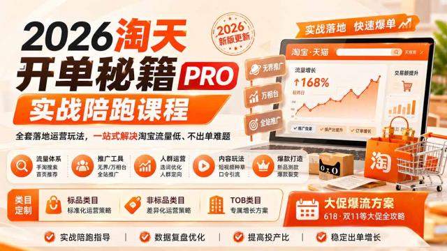 2026淘天开单秘籍PRO实战陪跑课程：全套落地运营玩法，一站式解决淘宝流量低、不出单难题（更新260906）