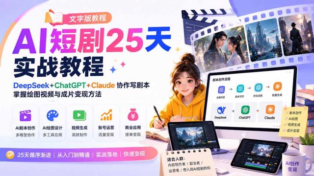 AI短剧25天实战教程（文字版教程）：DeepSeekChatGPTClaude协作写剧本，掌握绘图视频与成片变现方法