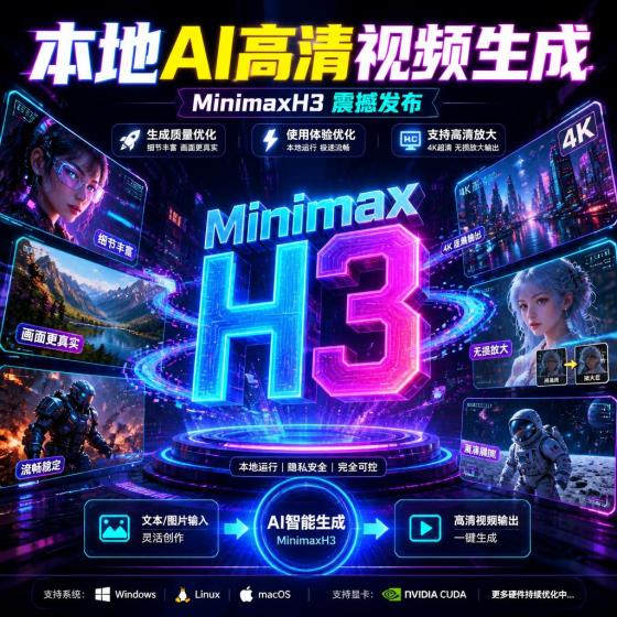AI视频生成创作者MinimaxH3优化高清放大电子资料
