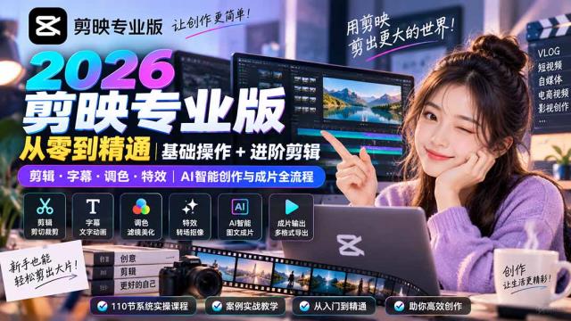 2026剪映专业版从零到精通｜基础操作进阶剪辑｜剪辑·字幕·调色·特效｜AI智能创作与成片全流程