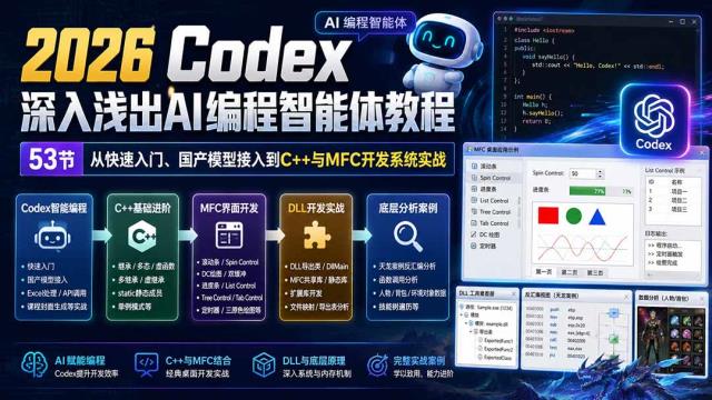 2026 Codex深入浅出AI编程智能体教程：53节从快速入门、国产模型接入到C与MFC开发系统实战